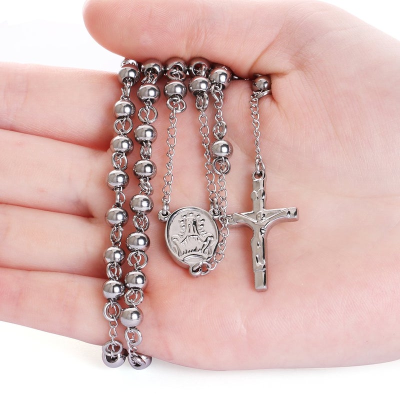 COTTVOTT Stainless Steel 6mm Beads Rosary Catholic Necklace Holy Medal & Crucifix 32inch(Steel) - Image 5